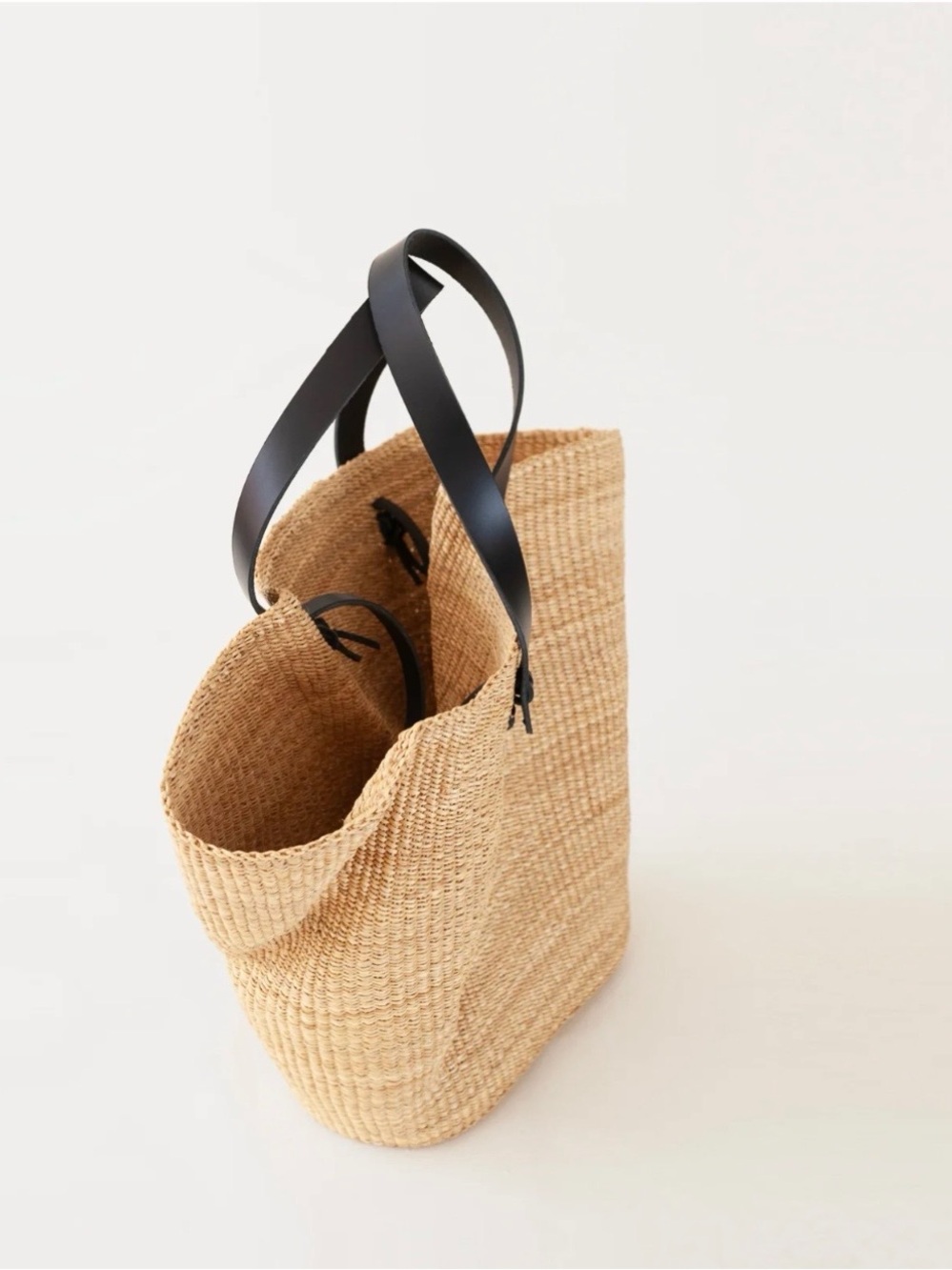 Natural Woven Tote with Black Leather Handles